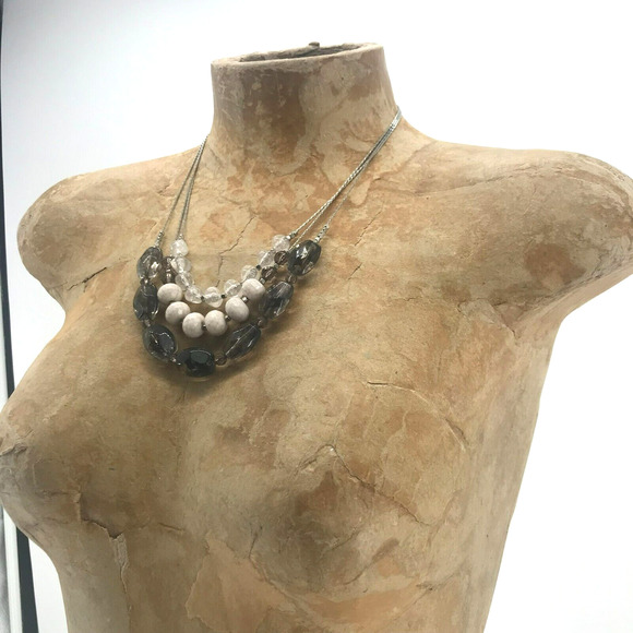 Ann Taylor Loft Three Strand Beaded Necklace Clear White Smokey Silver - Picture 7 of 9